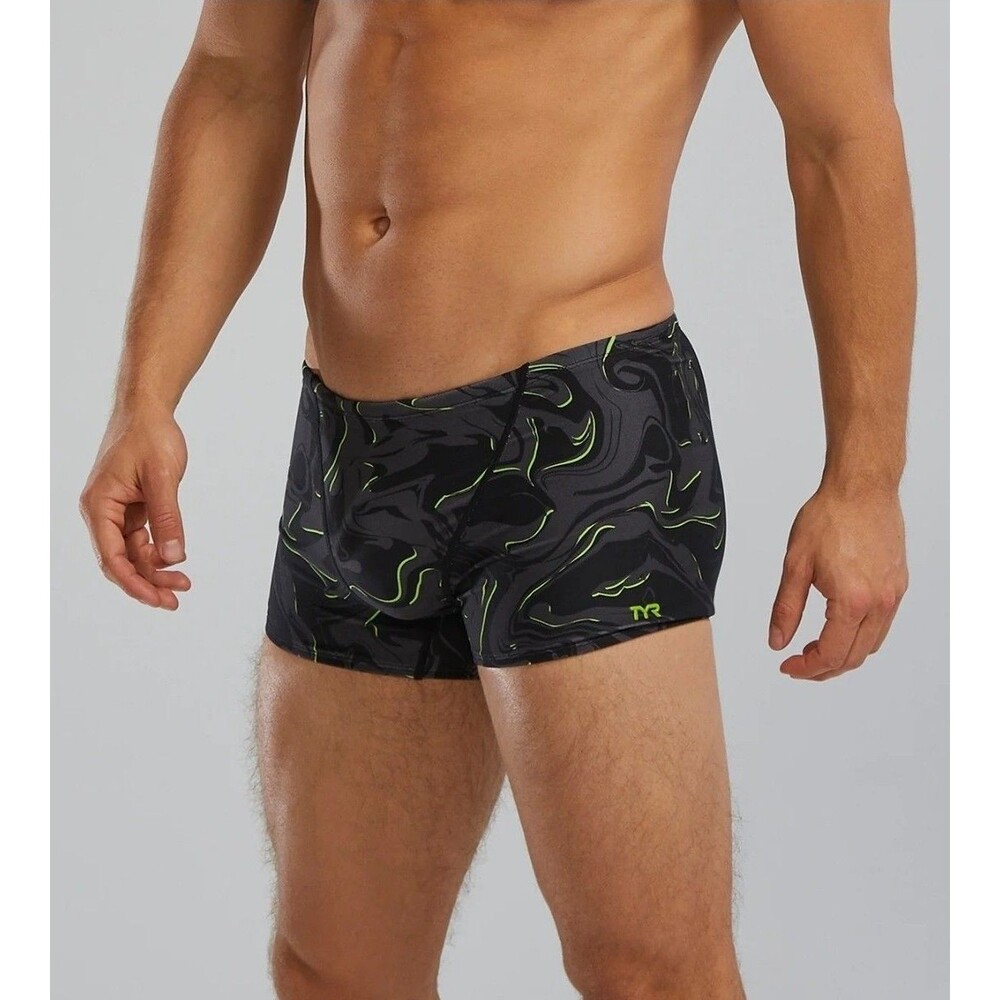 TYR Mens Durafast Galaxy Black/Lime Square Leg Swim Boxer Drawstring Size 28 New